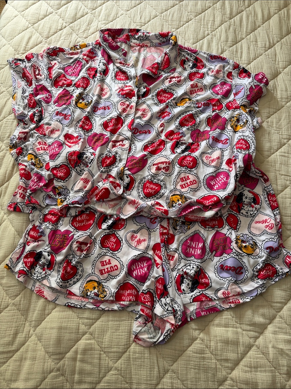 Playful Heart & Puppy Short Pajama Set - Pink/Red